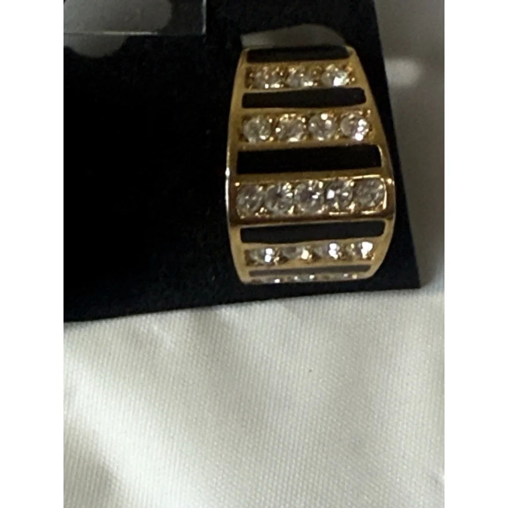 Vintage Christian Dior Gold Tone Black Rhinestone Hoop Clip On Earrings - Picture 2 of 16